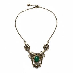 Vintage Ornate Gold Color  Necklace with Green Accent
